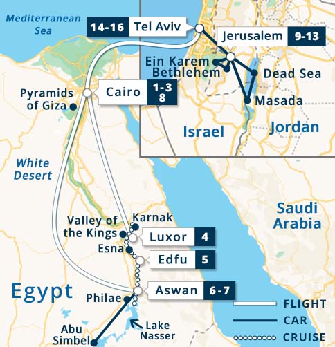 Best of Egypt Nile Goddess & Israel Tour Map