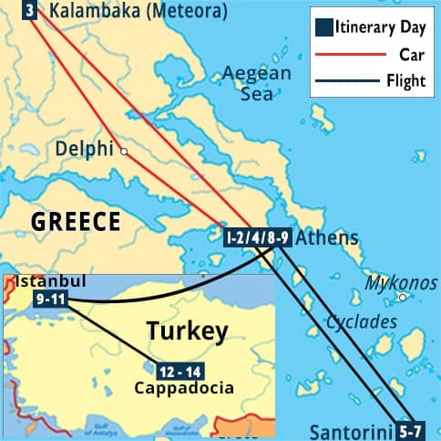 Jewels of Greece, Santorini, Istanbul & Cappadocia Tour Map