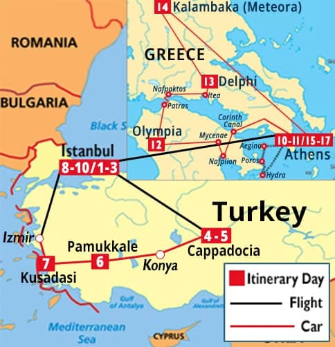 Classic Turkey & Athens, Olympia, Delphi, Meteora, and Hydra Tour Map
