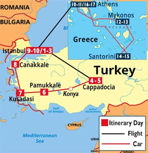 Wonders of Turkey, Athens, Mykonos & Santorini Tour Map